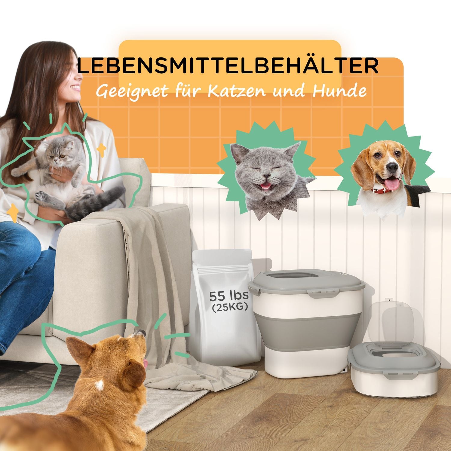 Hundmatsbehållare, 25L, hopfällbar med hjul och lock