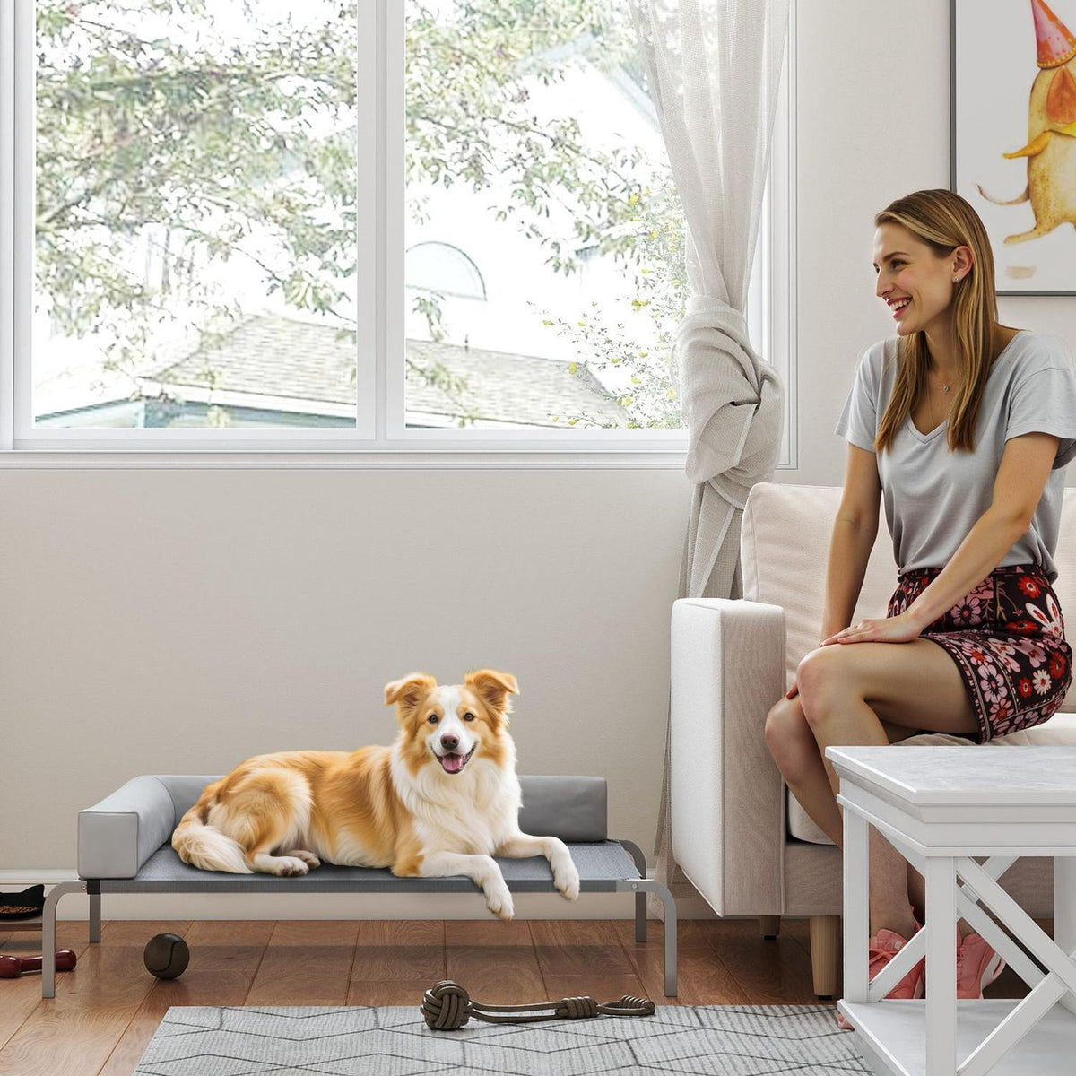 Utendørs hundeseng, hevet hundeseng for mellomstore hunder, med L-formet pute, 110x75x30 cm, lysegrå