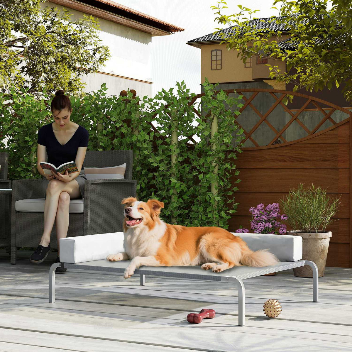 Utendørs hundeseng, hevet hundeseng for mellomstore hunder, med L-formet pute, 110x75x30 cm, lysegrå