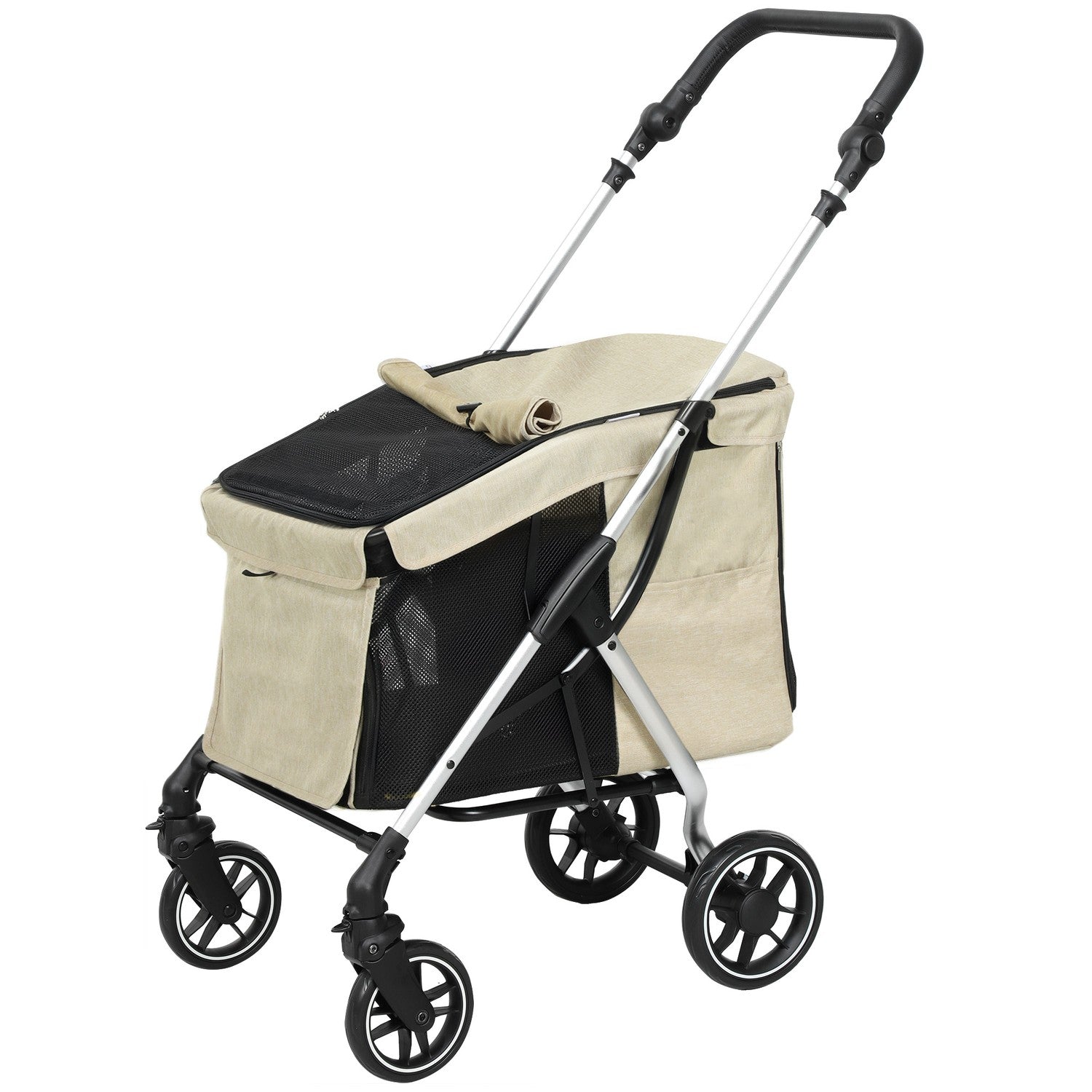 Hopfällbar husdjursvagn i aluminium, upp till 10 kg, Khaki