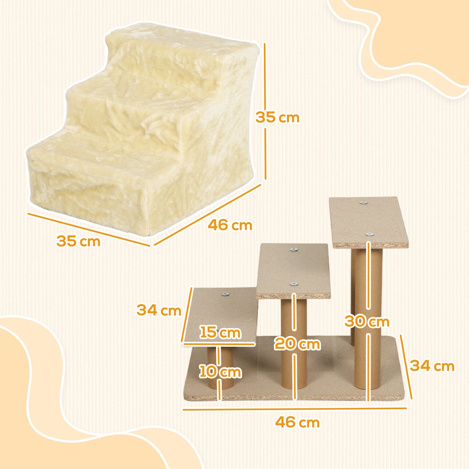 Husdjurstrappa 3-stegs, 35 cm, plysch, för katter/hundar upp till 4,5 kg
