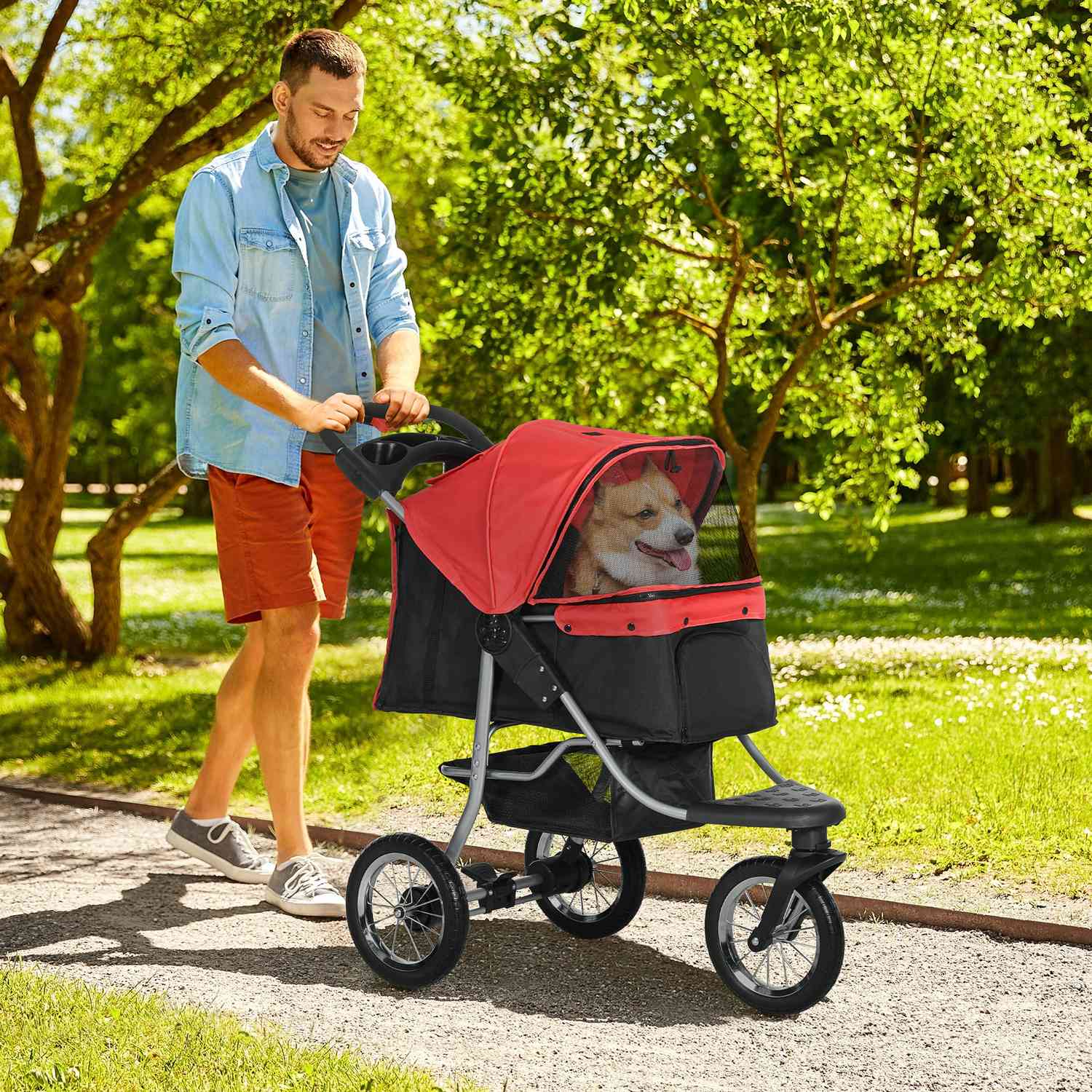 Husdjursvagn, hopfällbar 3-hjulig, röd & svart Oxford-tyg