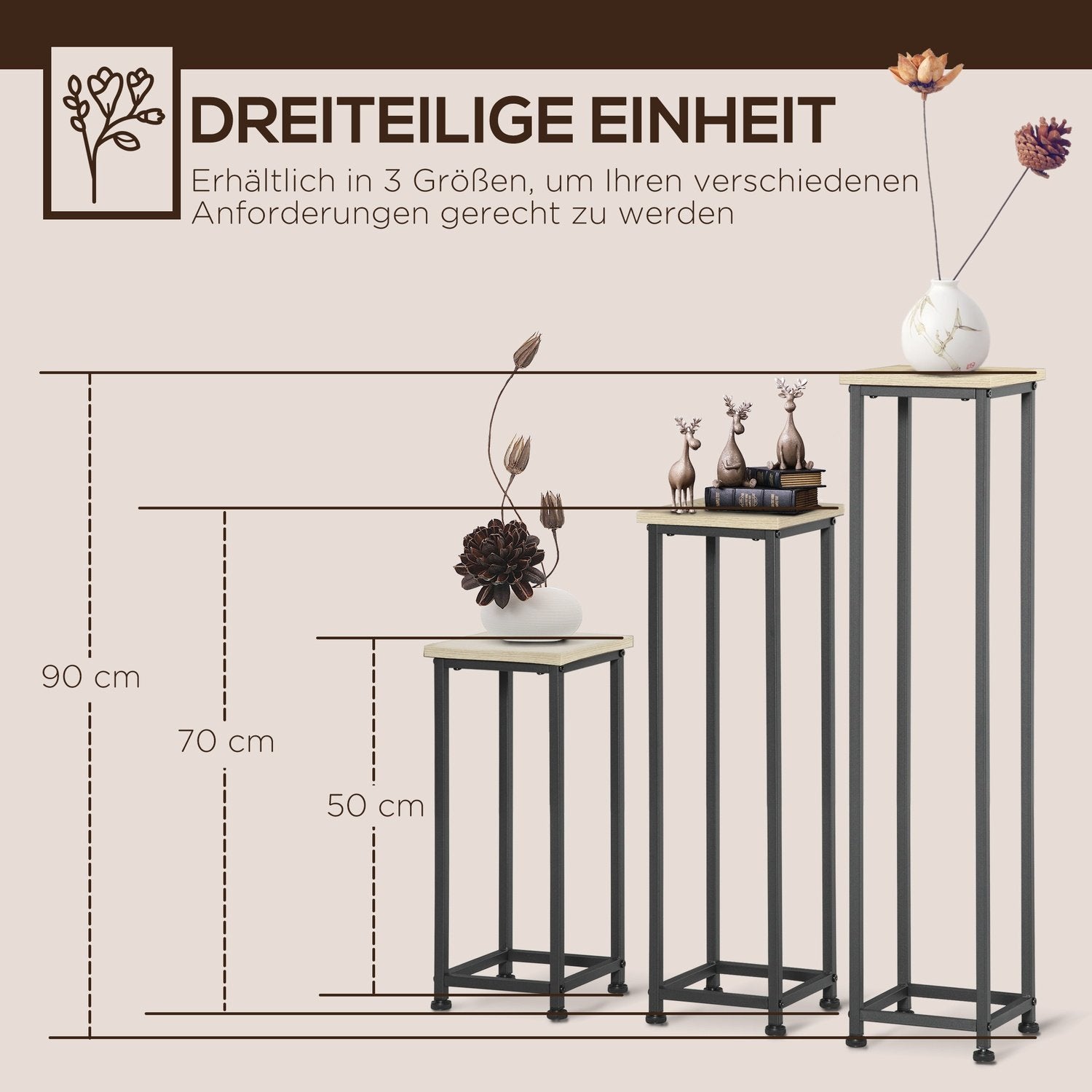 Plant Stand Set 3-Delad Blomsterpall & Blomkrukhållare Gjord Av Stål, Svart + Naturlig