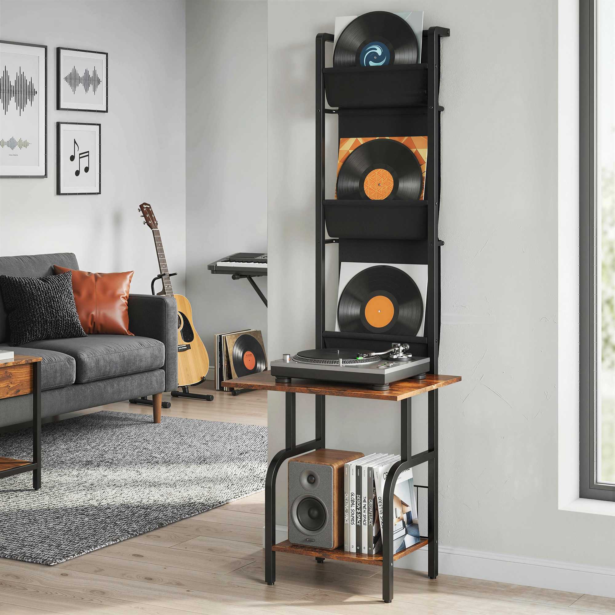 Industriell CD-hylla med 3 tygfickor, rustik brun