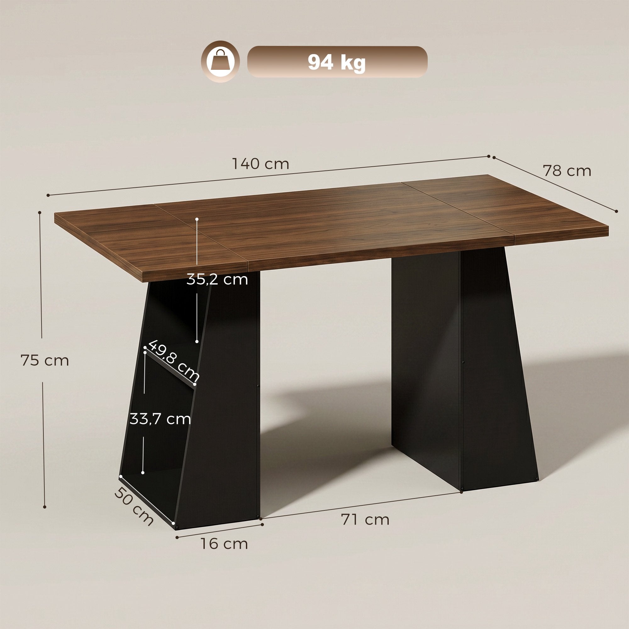 Industriellt datorbord 140 cm, 4 öppna hyllor, brun-svart