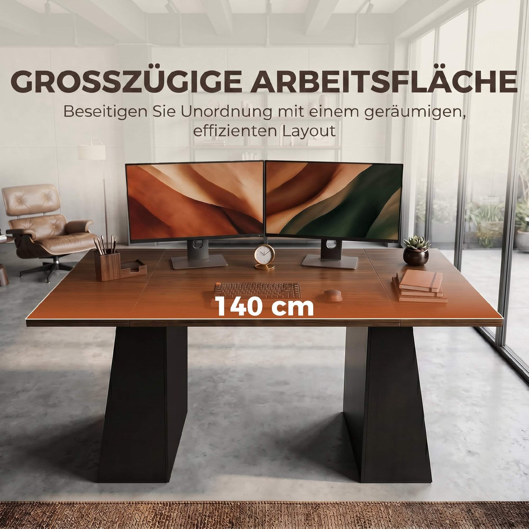 Industriellt datorbord 140 cm, 4 öppna hyllor, brun-svart