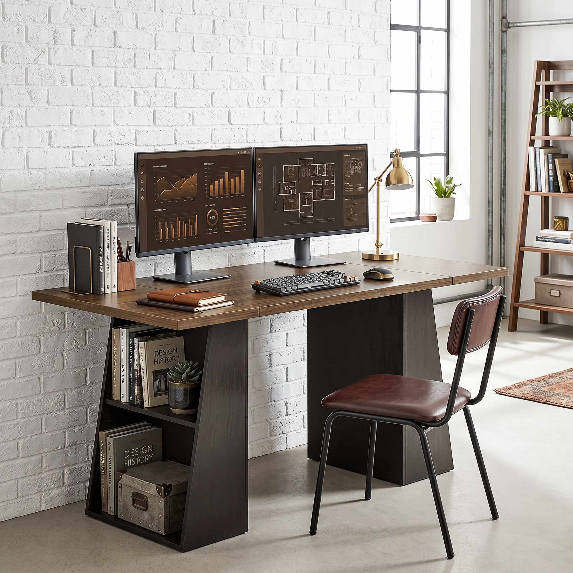 Industriellt datorbord 140 cm, 4 öppna hyllor, brun-svart