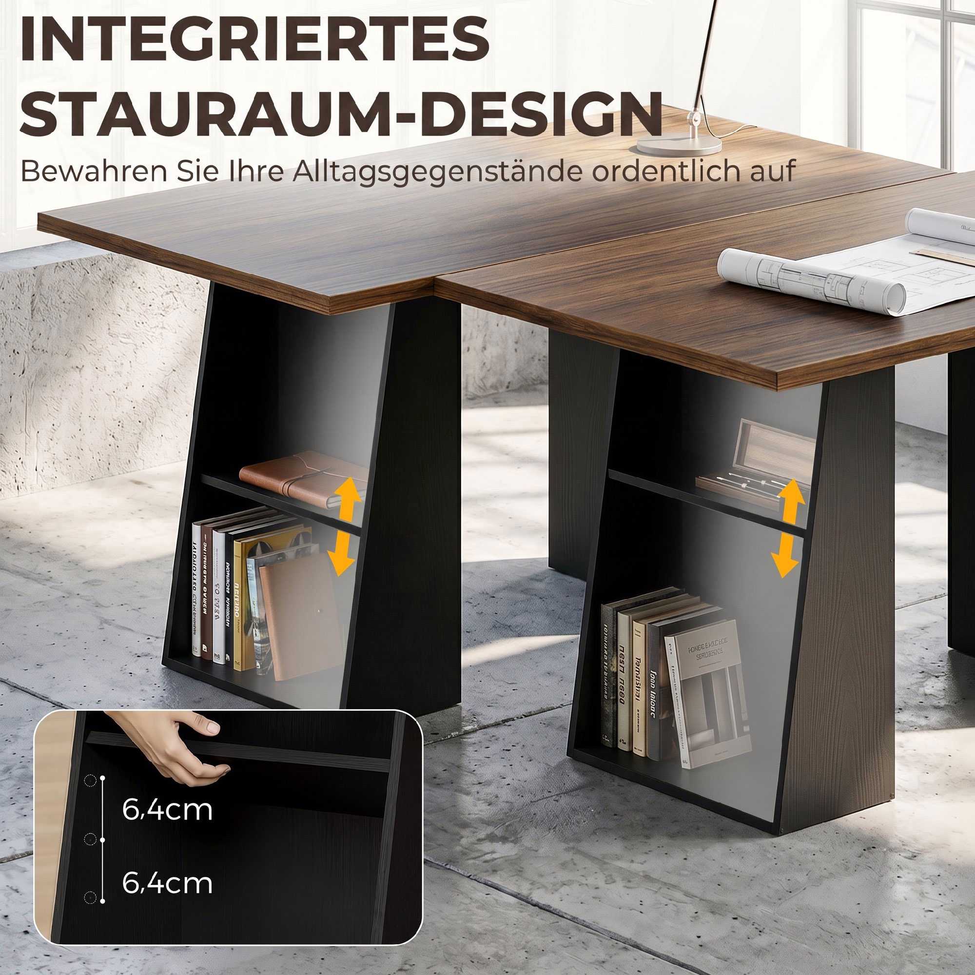 Industriellt datorbord 140 cm, 4 öppna hyllor, brun-svart