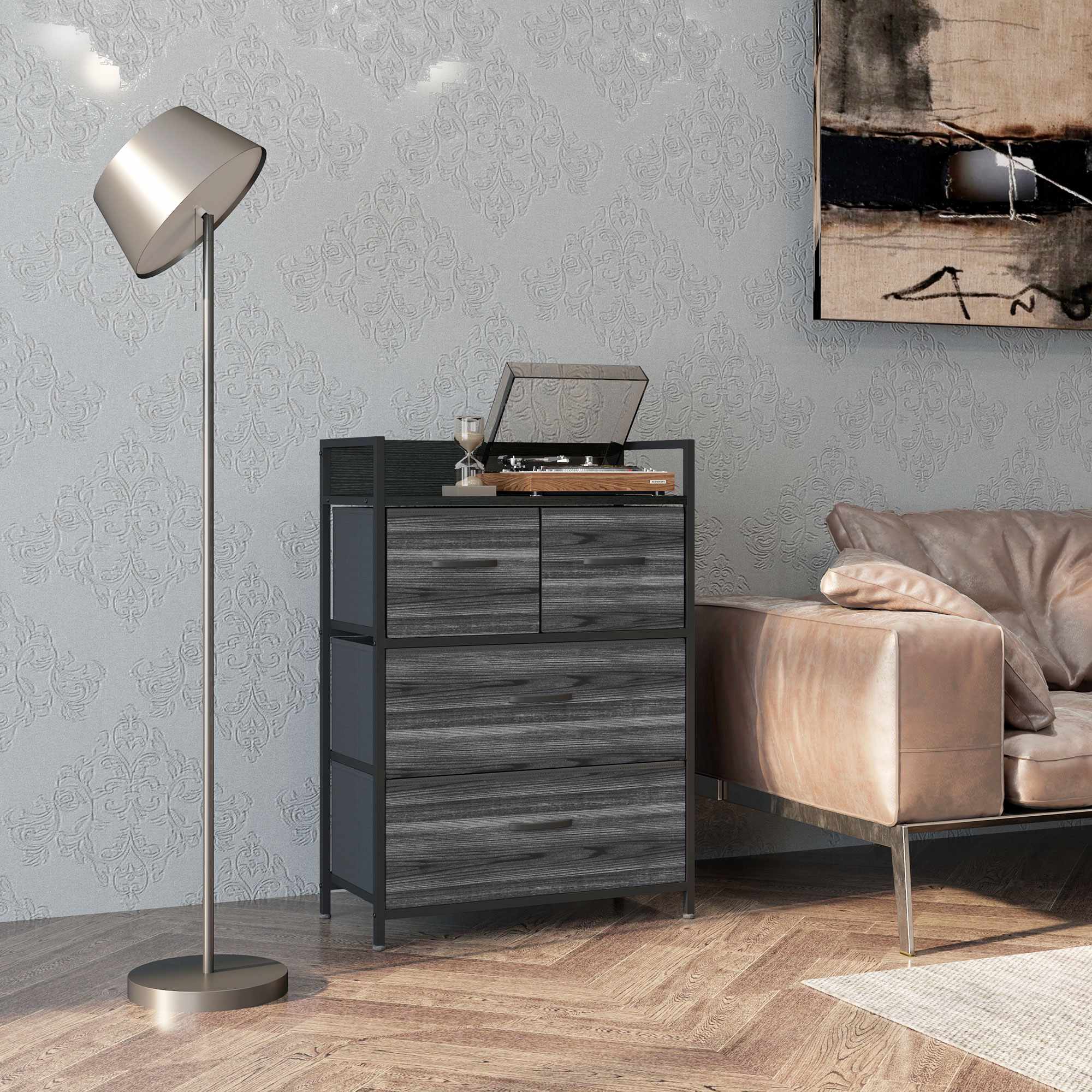 Industriellt skänk med 4 tyglådor, svart, 60x29x85cm