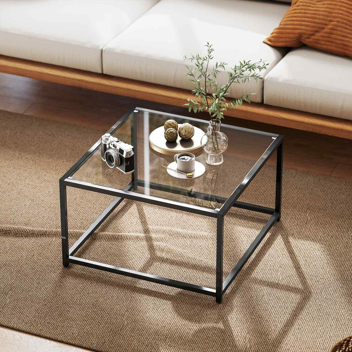 Industrielt salongbord, herdet glass og stål, 68 x 68 cm