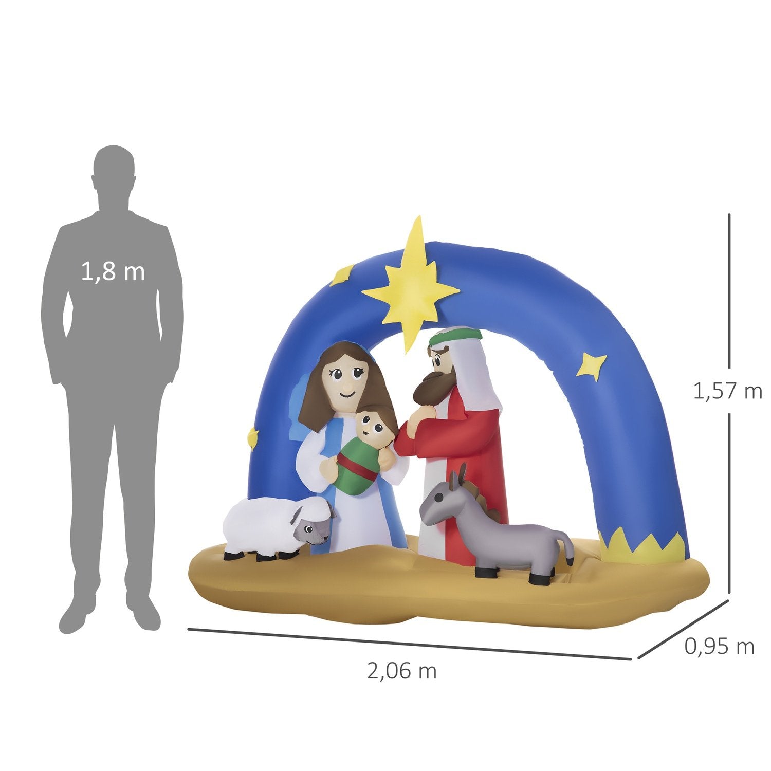 Oppblåsbar julepynt Bibelbue for Jesu fødsel 1,57 M Julekrybbe med bue og ledd Vanntett Blå + Brun 206X95X157 Cm