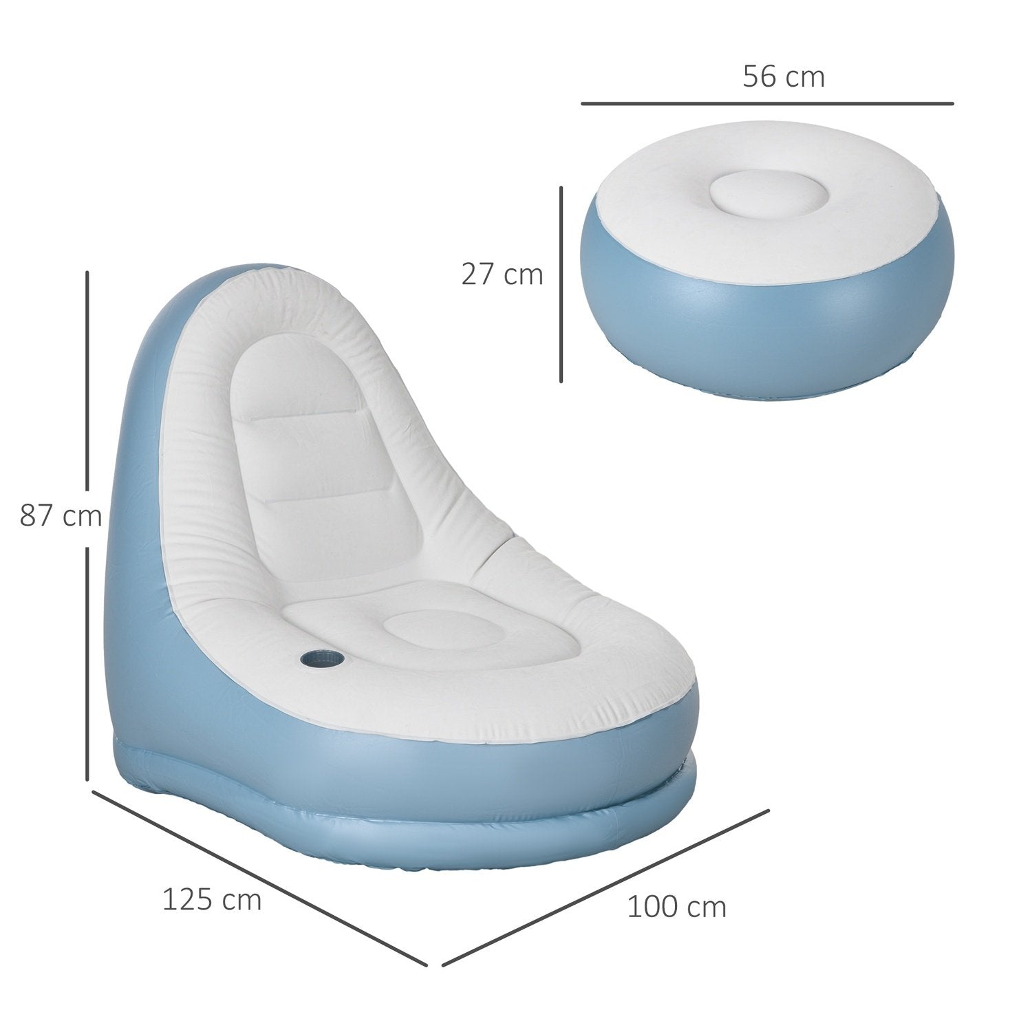 Oppblåsbar sofa med fotskammel Airsofa med koppholder, for camping og hjemme, hvit, 125X100X87Cm