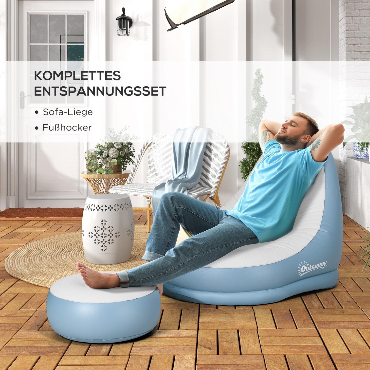 Oppblåsbar sofa med fotskammel Airsofa med koppholder, for camping og hjemme, hvit, 125X100X87Cm