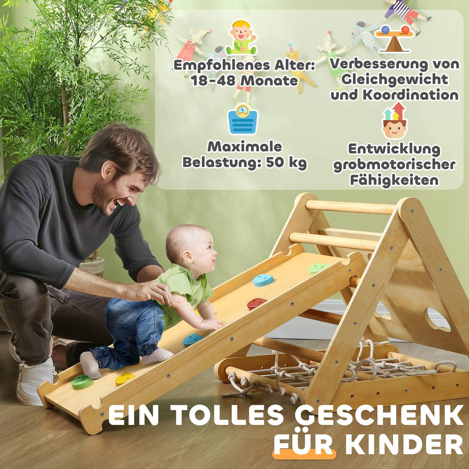 Inomhusklätterställning, 7-i-1 triangel med rutschkana, flerfärgad