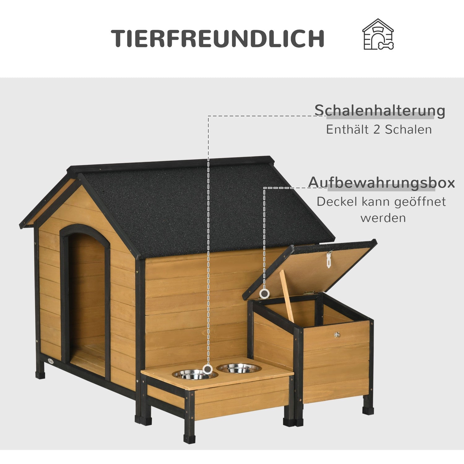 Isolerad hundkoja i trä, väderbeständig med skålar