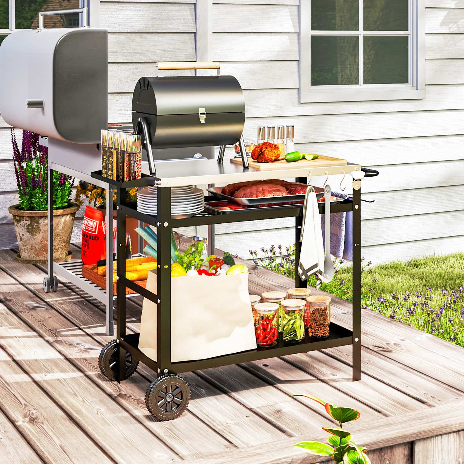 Justerbar 3-vånings utomhusgrillvagn med hjul