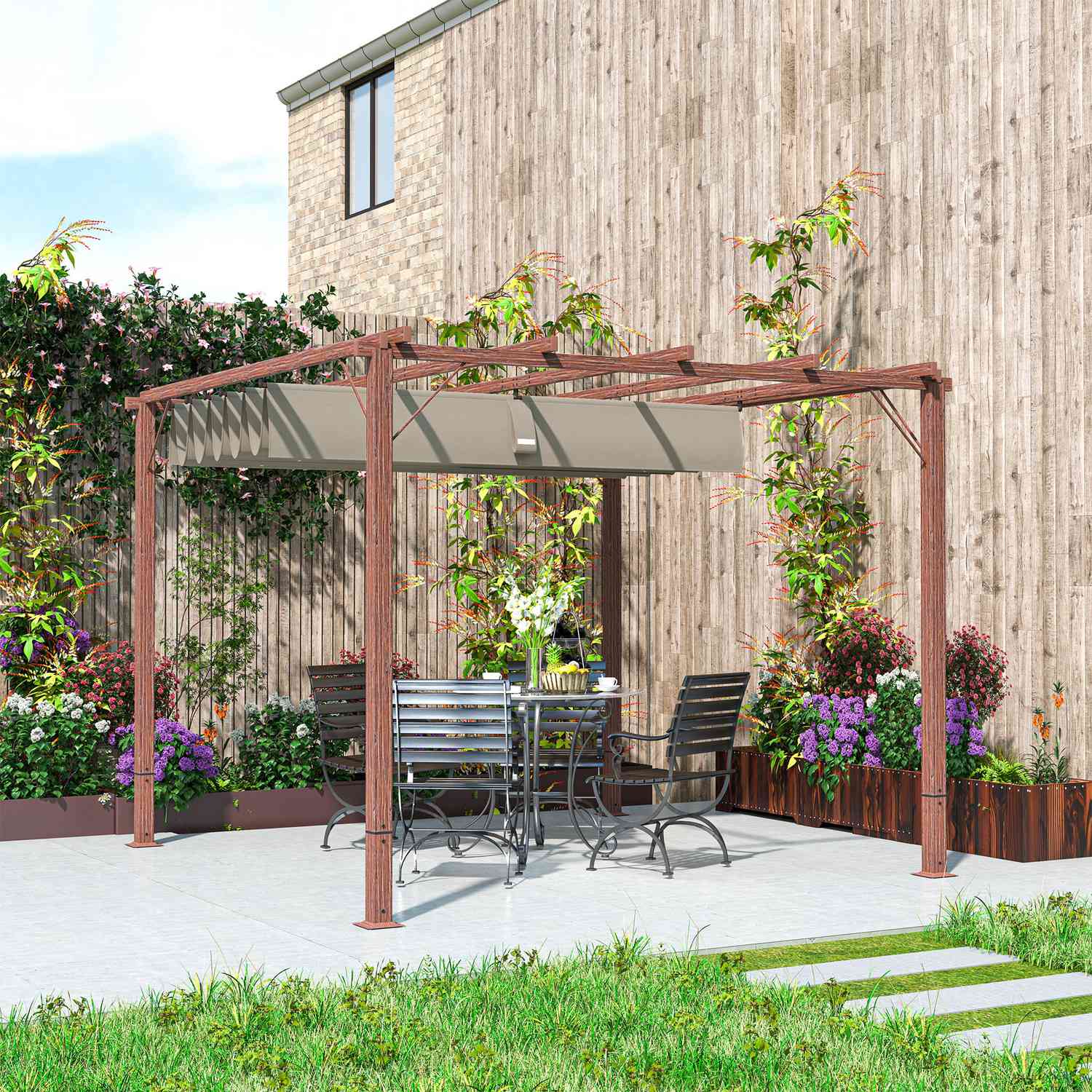 Justerbar 3x3m pergola, aluminiumram, UPF30+ skärm