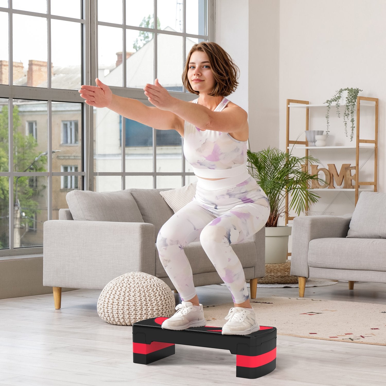 Justerbar aerobic stepper – 3 høyder for fitness, rød