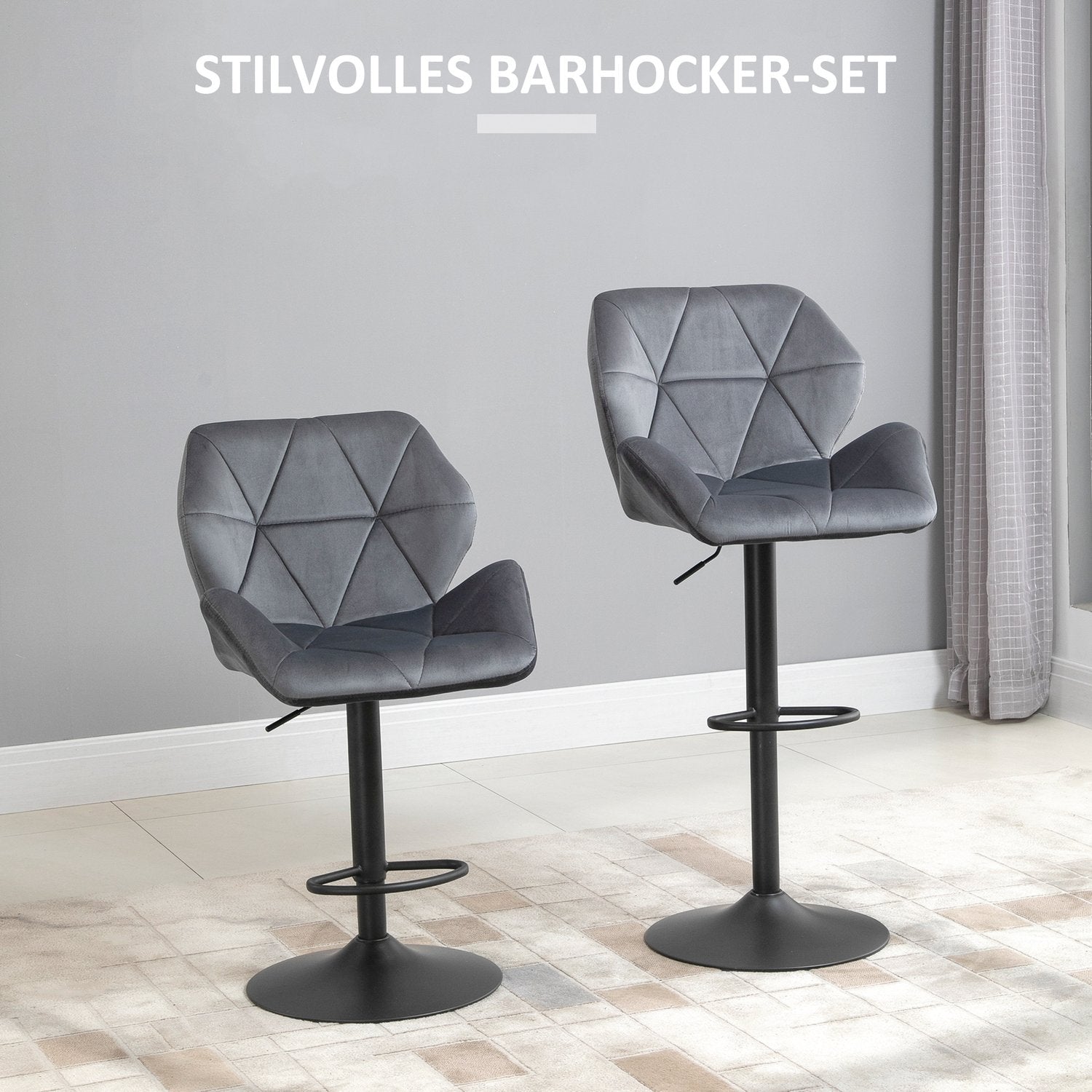 Justerbara Blue Velvet Barstolar med ryggstöd, set om 2