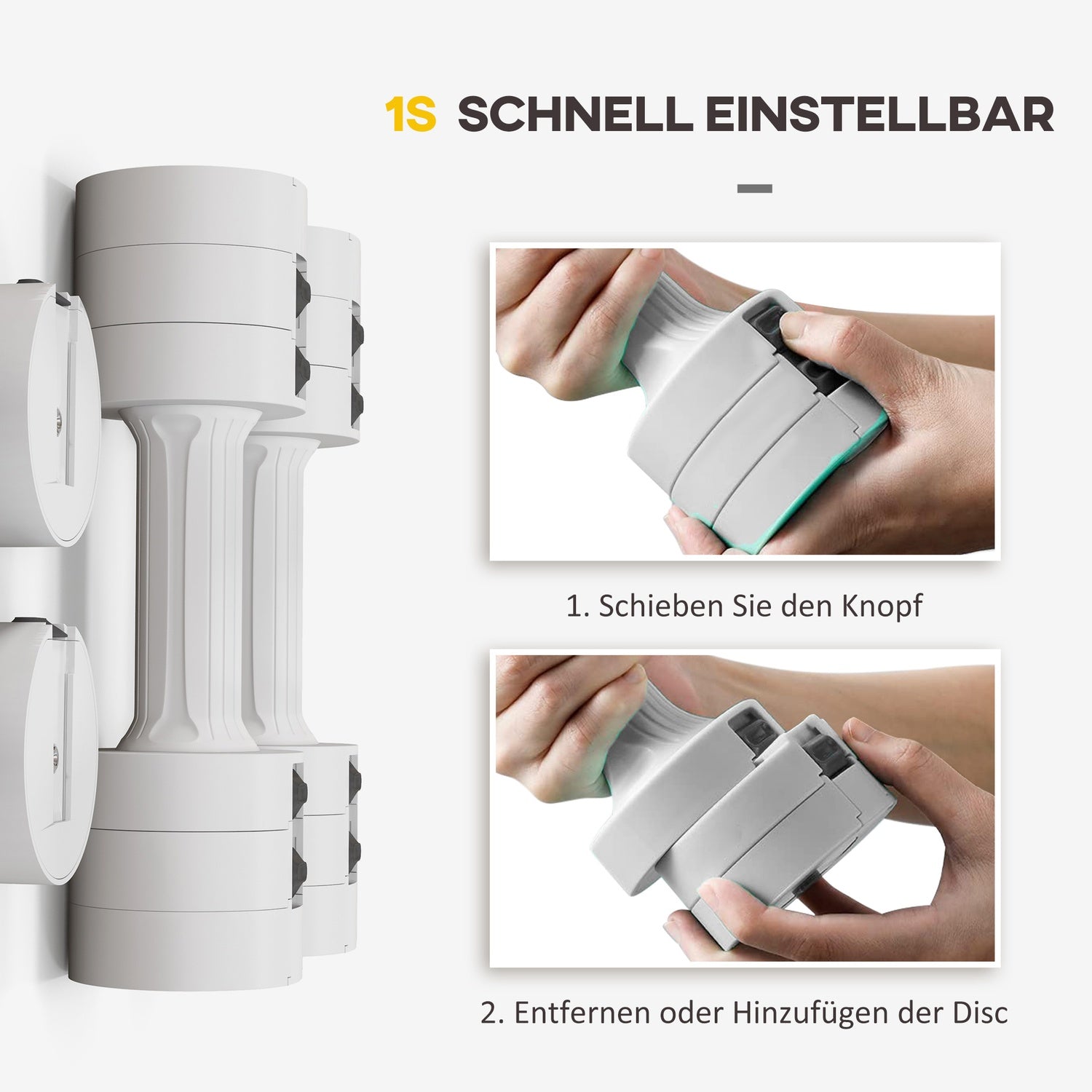 Justerbara hantlar 2 x 2,5 kg, golvvänlig, vit