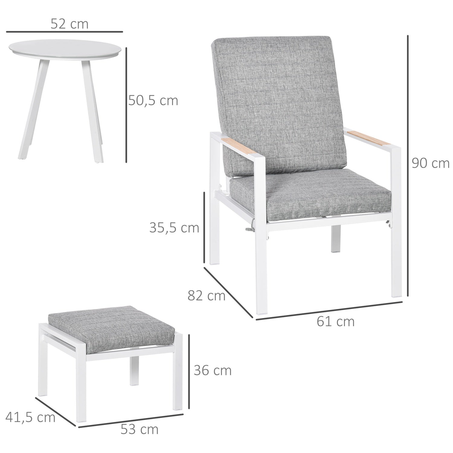 Justerbar balkongmöbelset för 4 – Aluminium Grå/Vit