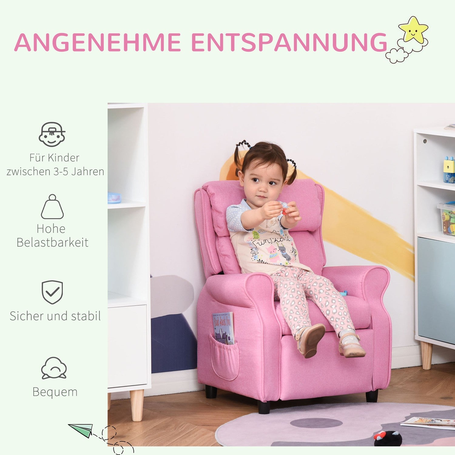 Justerbar barnsoffa med fotstöd, Rosa, 3-5 år
