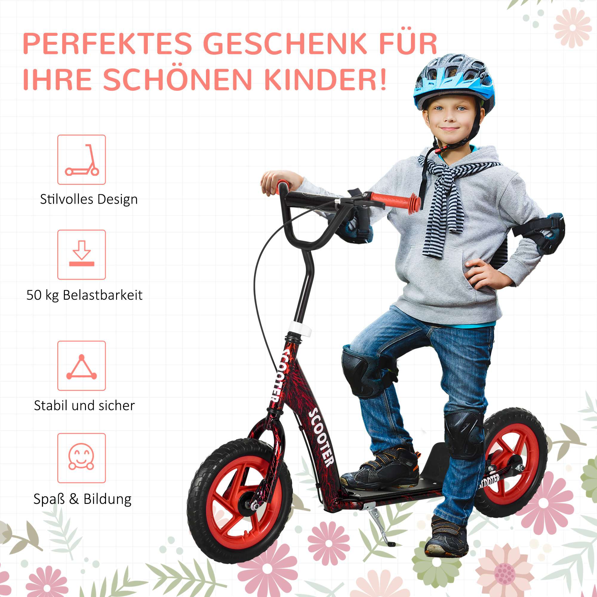 Justerbar barnsparkcykel, 2 hjul, broms, 50 kg kapacitet, röd