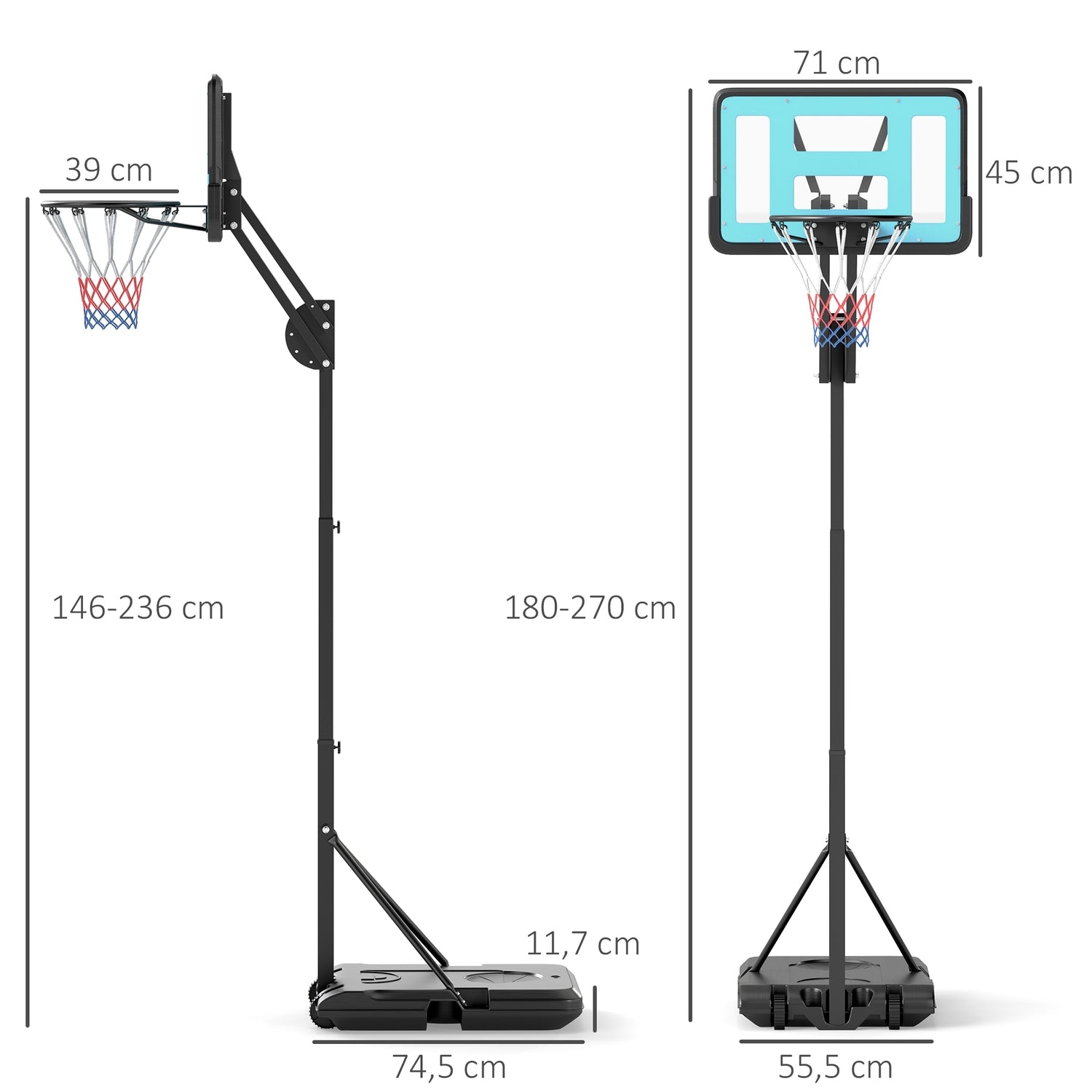 Justerbar basketbåge med stativ, 146-236 cm, bärbar