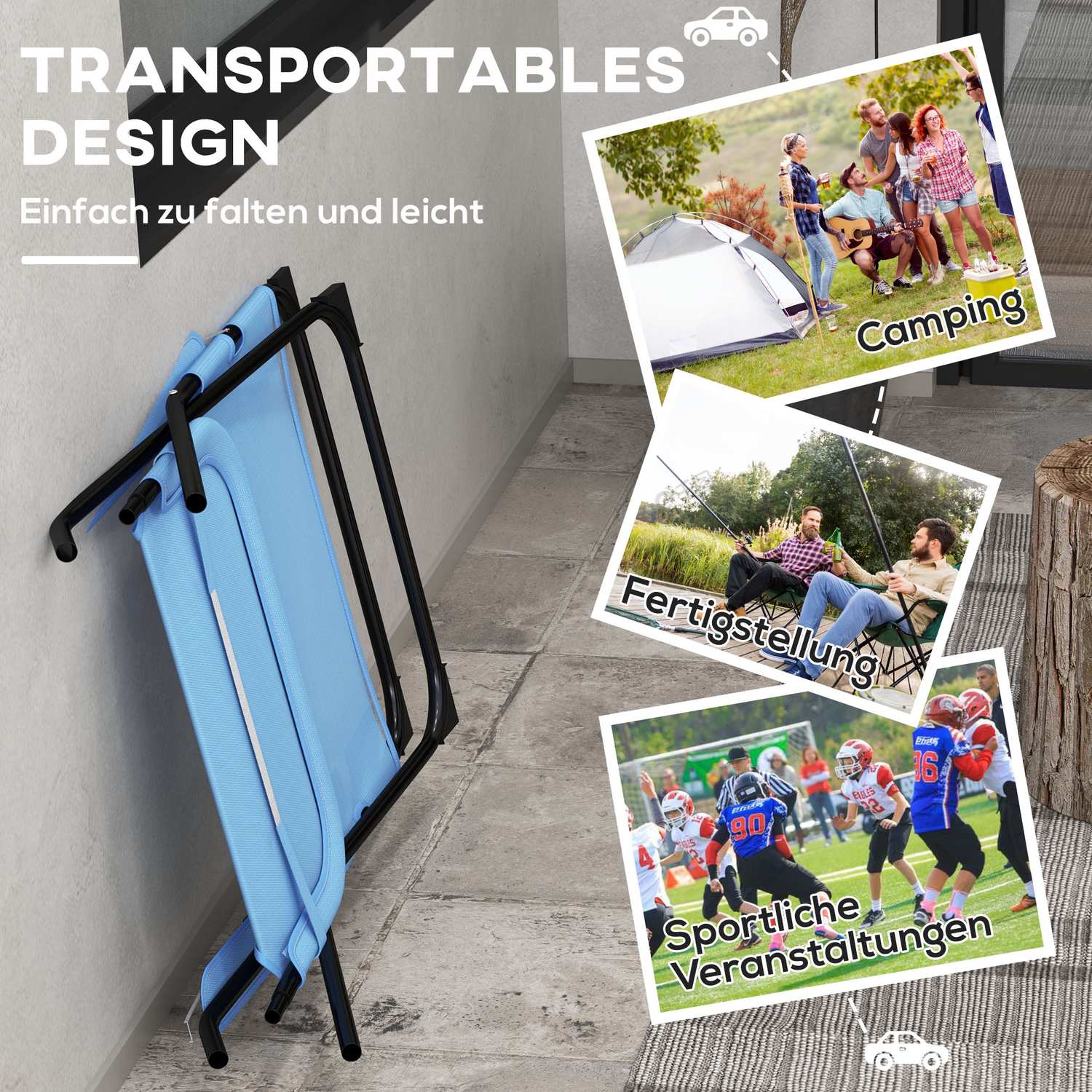 Justerbar blå campingstol, kudde, stödjer 120 kg