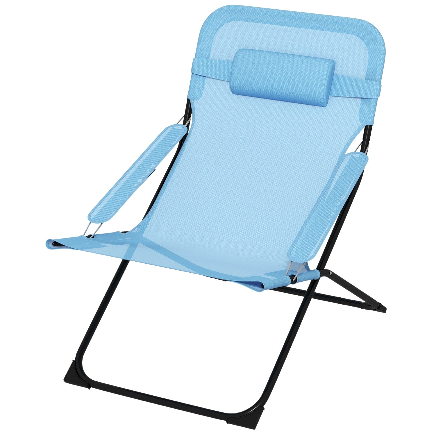 Justerbar blå campingstol, kudde, stödjer 120 kg