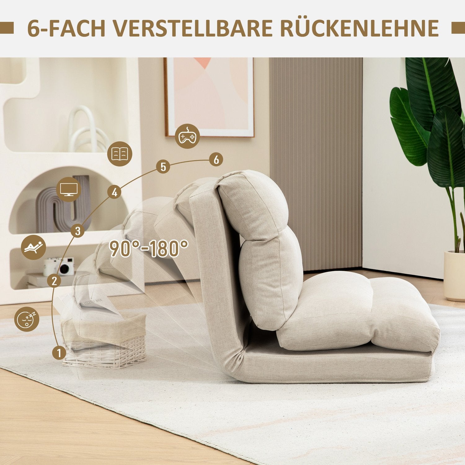 Justerbar fällbar golvstol, sängfunktion, linnelook, brun