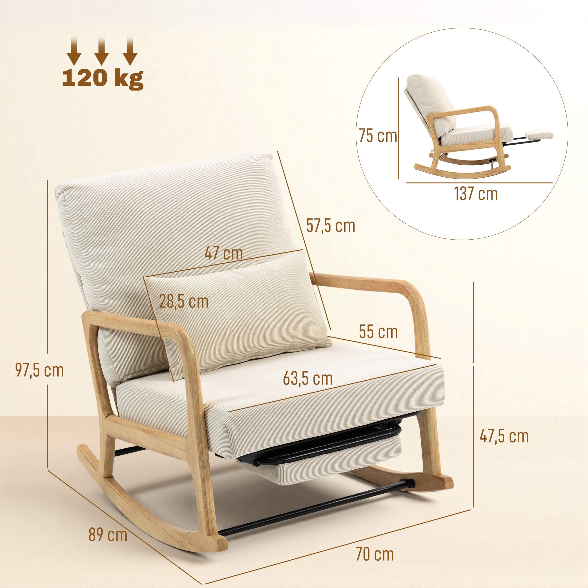 Justerbar gungstol med fotstöd, beige manchester