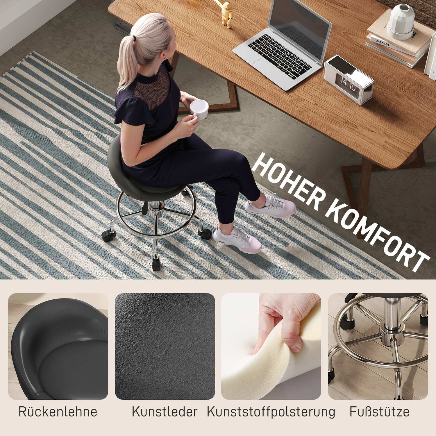 Justerbar höjd Svängbar pall med ryggstöd, svart, 59-75 cm