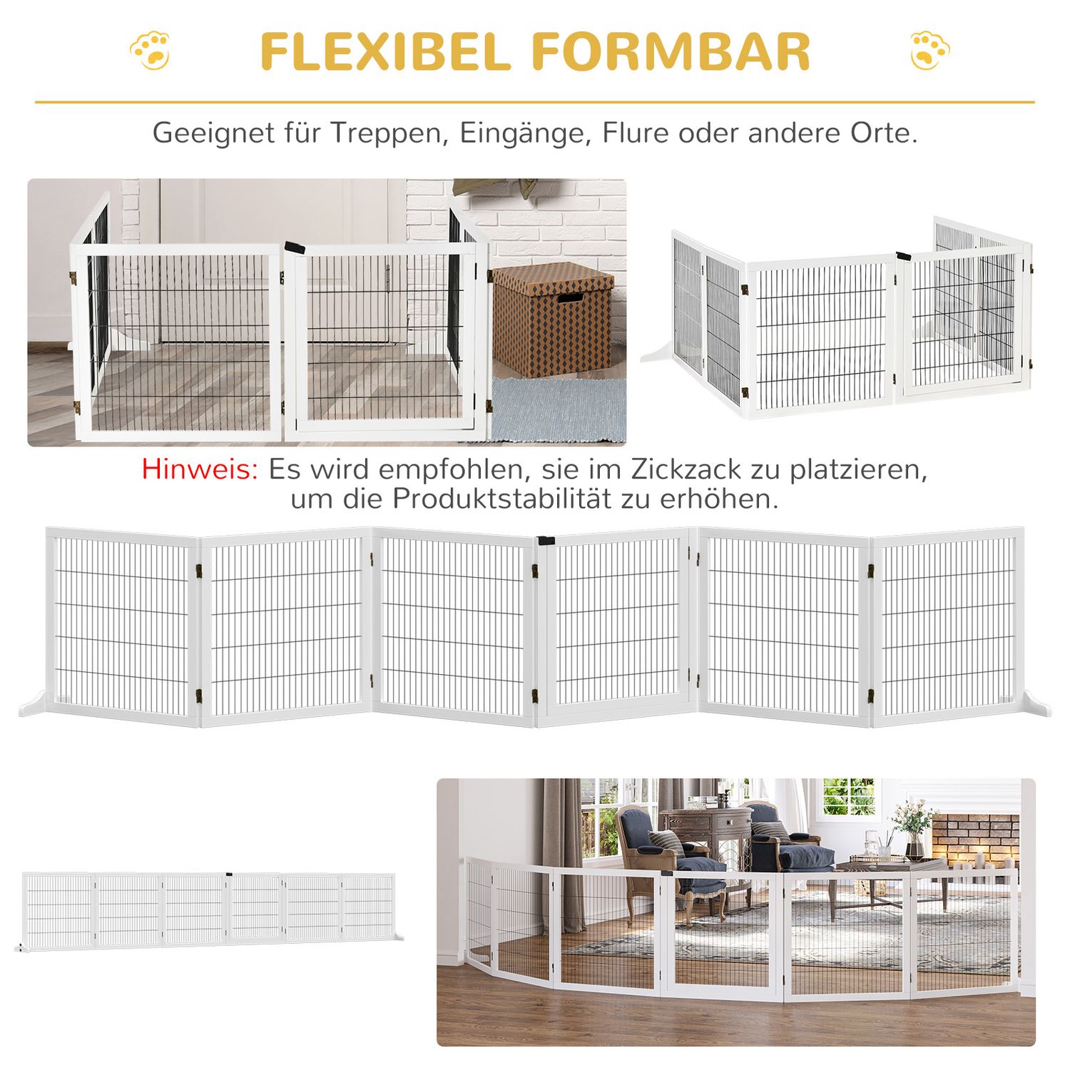 Justerbar hundgrind i trä – 6 paneler, vit, 432 x 70 cm