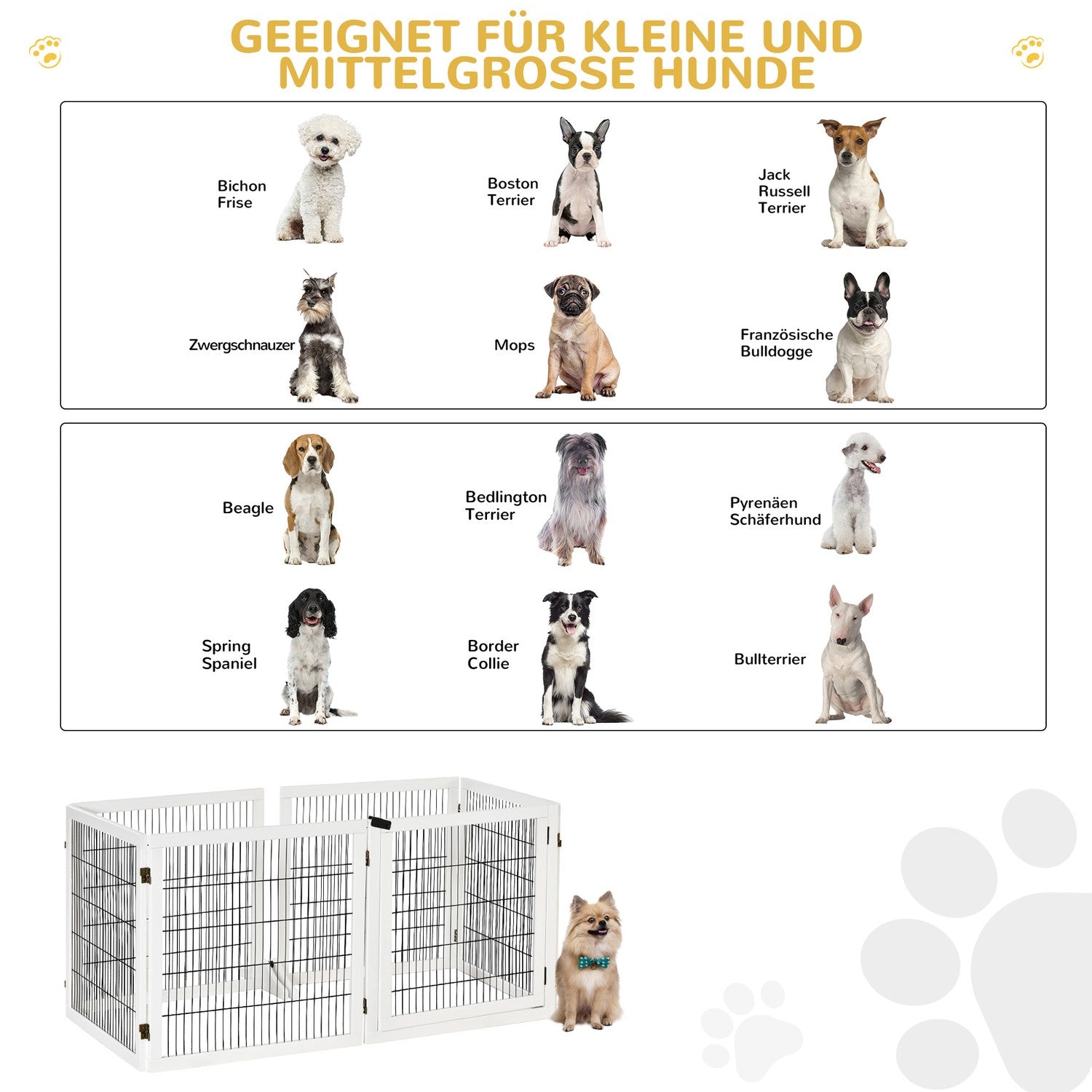 Justerbar hundgrind i trä – 6 paneler, vit, 432 x 70 cm