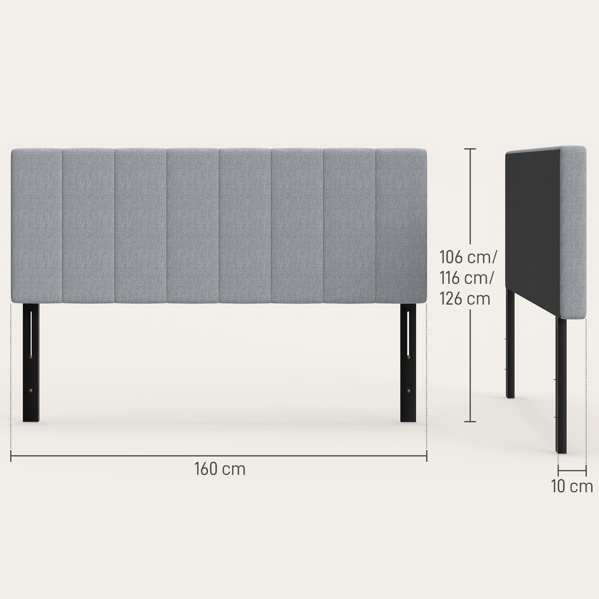 Justerbar huvudgavel med metallben, linne-look, 160 cm, grå