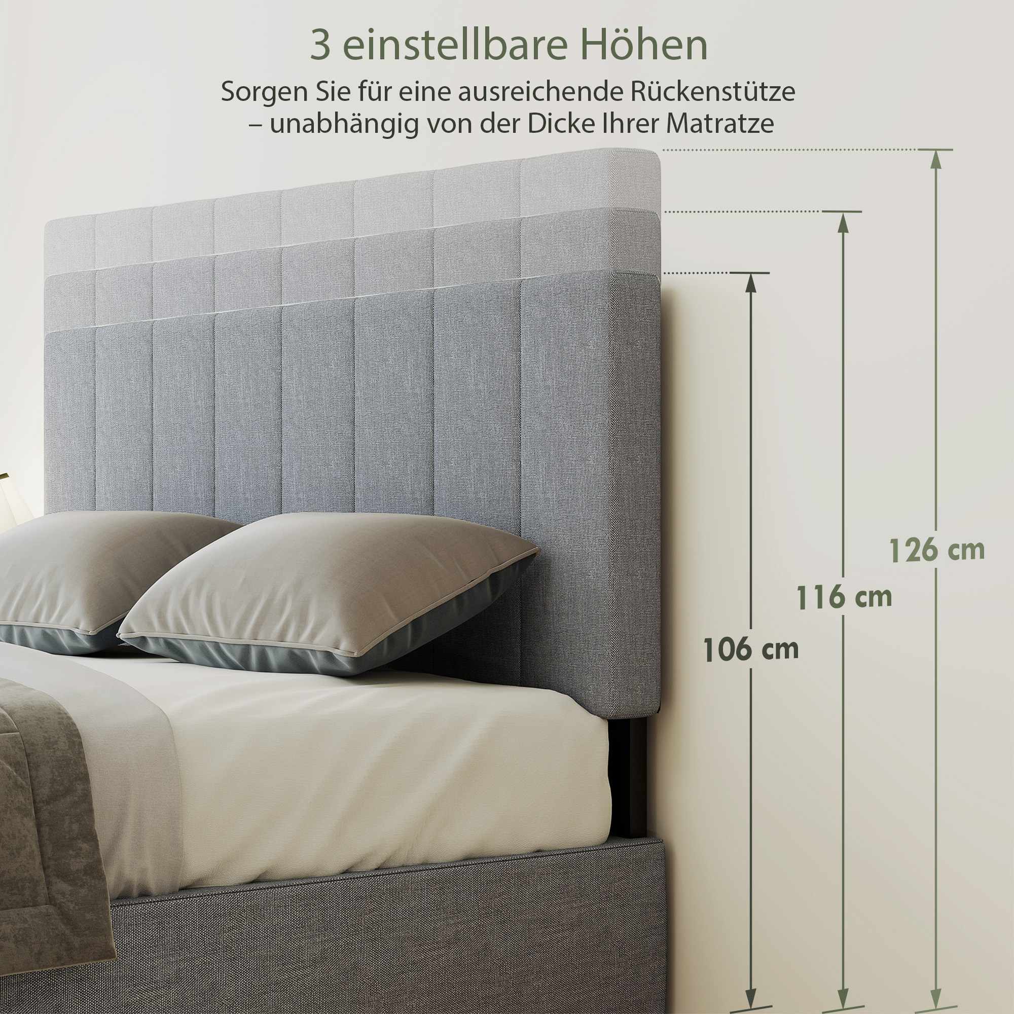 Justerbar huvudgavel med metallben, linne-look, 160 cm, grå