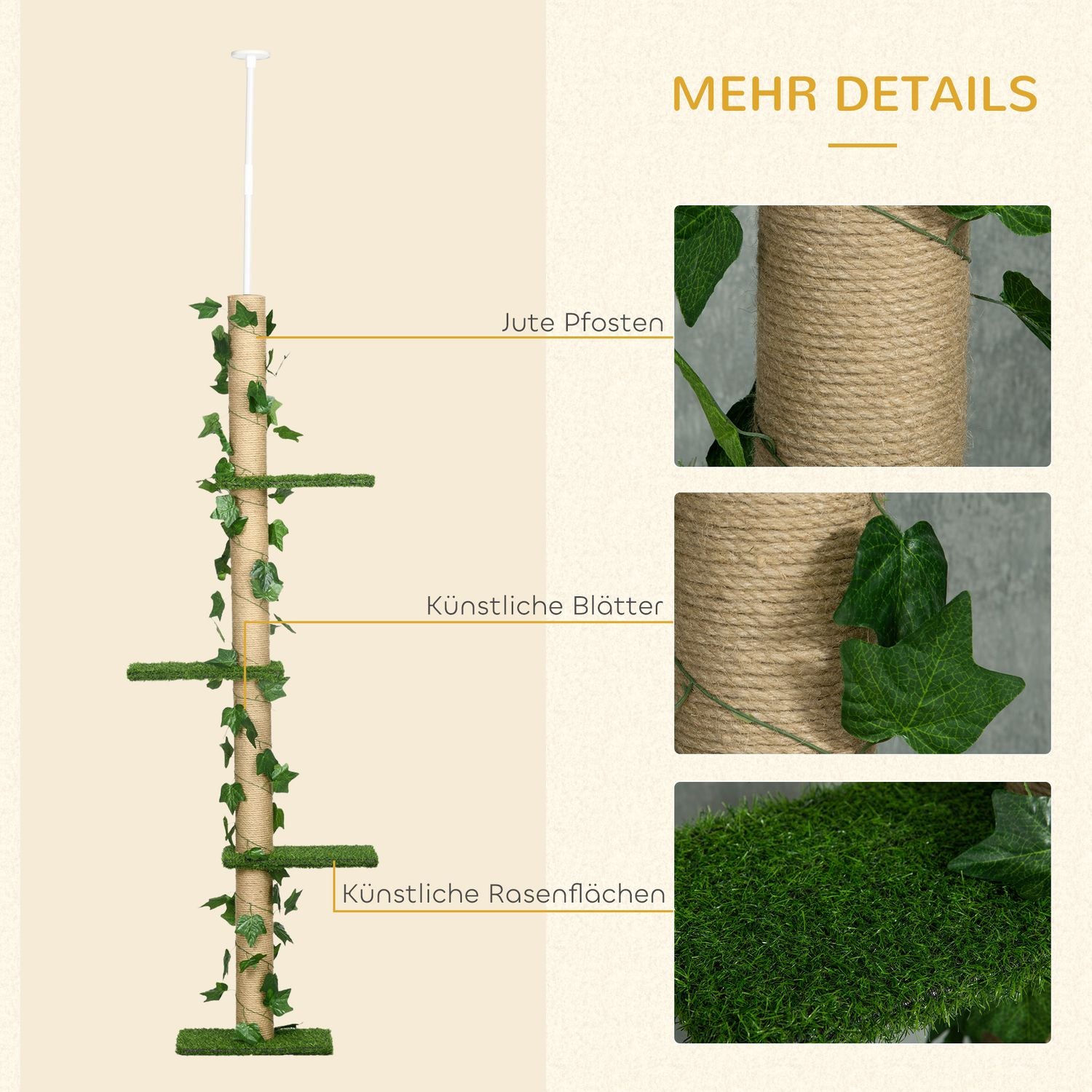Justerbar jute kattträd, takhöjd 202-242 cm, grön/gul