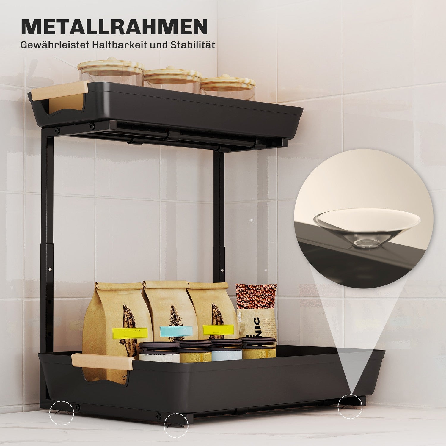 Justerbar kökshylla med 2 korgar, 40 x 30 x 33,5-42 cm