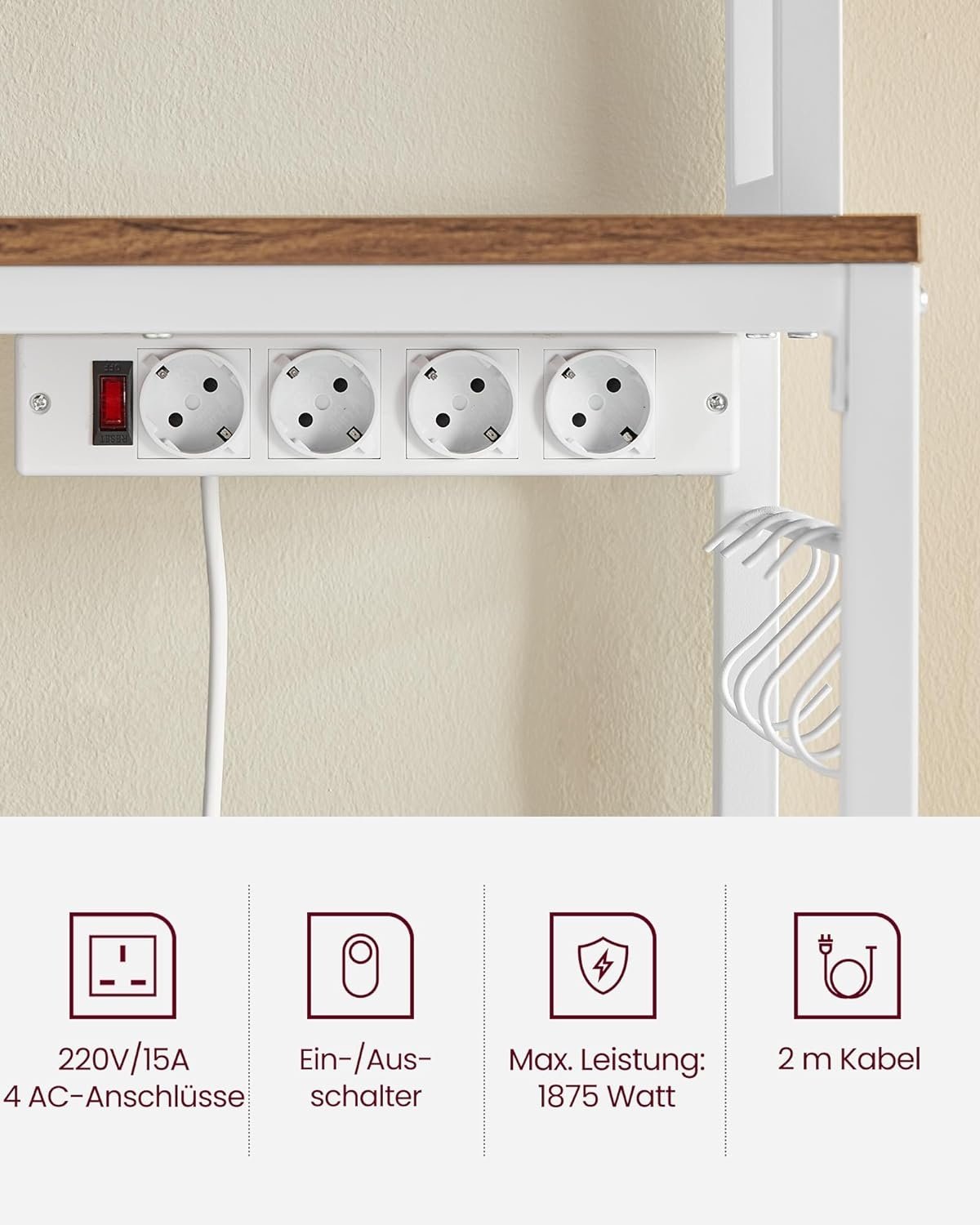 Justerbar kjøkkenhylle med Power Strip og kroker