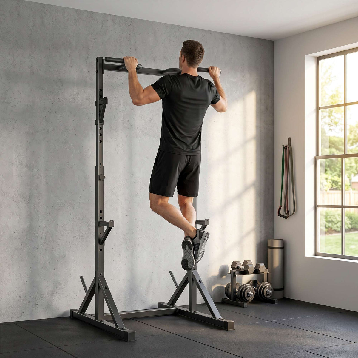 Justerbart knebøy-stativ med pullup-stang, 200 kg, svart