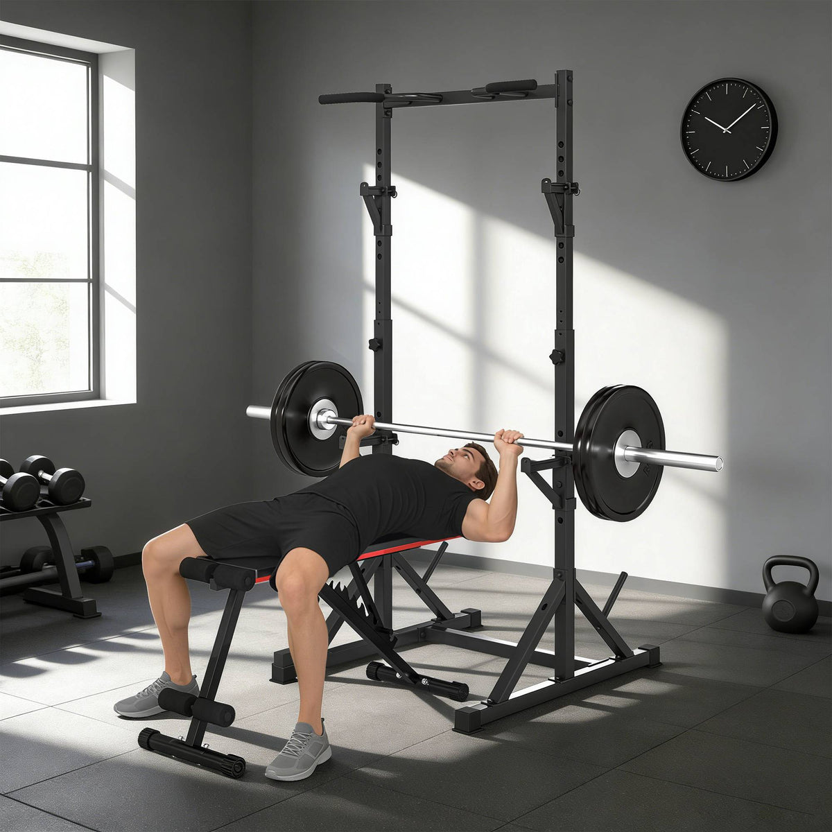 Justerbart knebøy-stativ med pullup-stang, 200 kg, svart