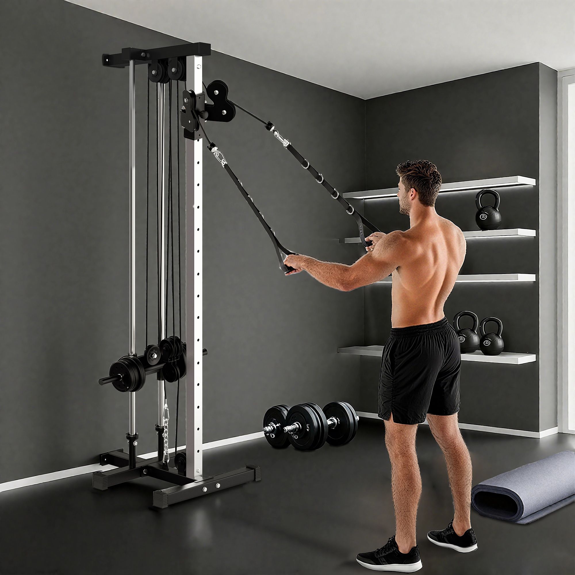Justerbar kraftstation med dubbel remskiva, 25-165 cm, svart