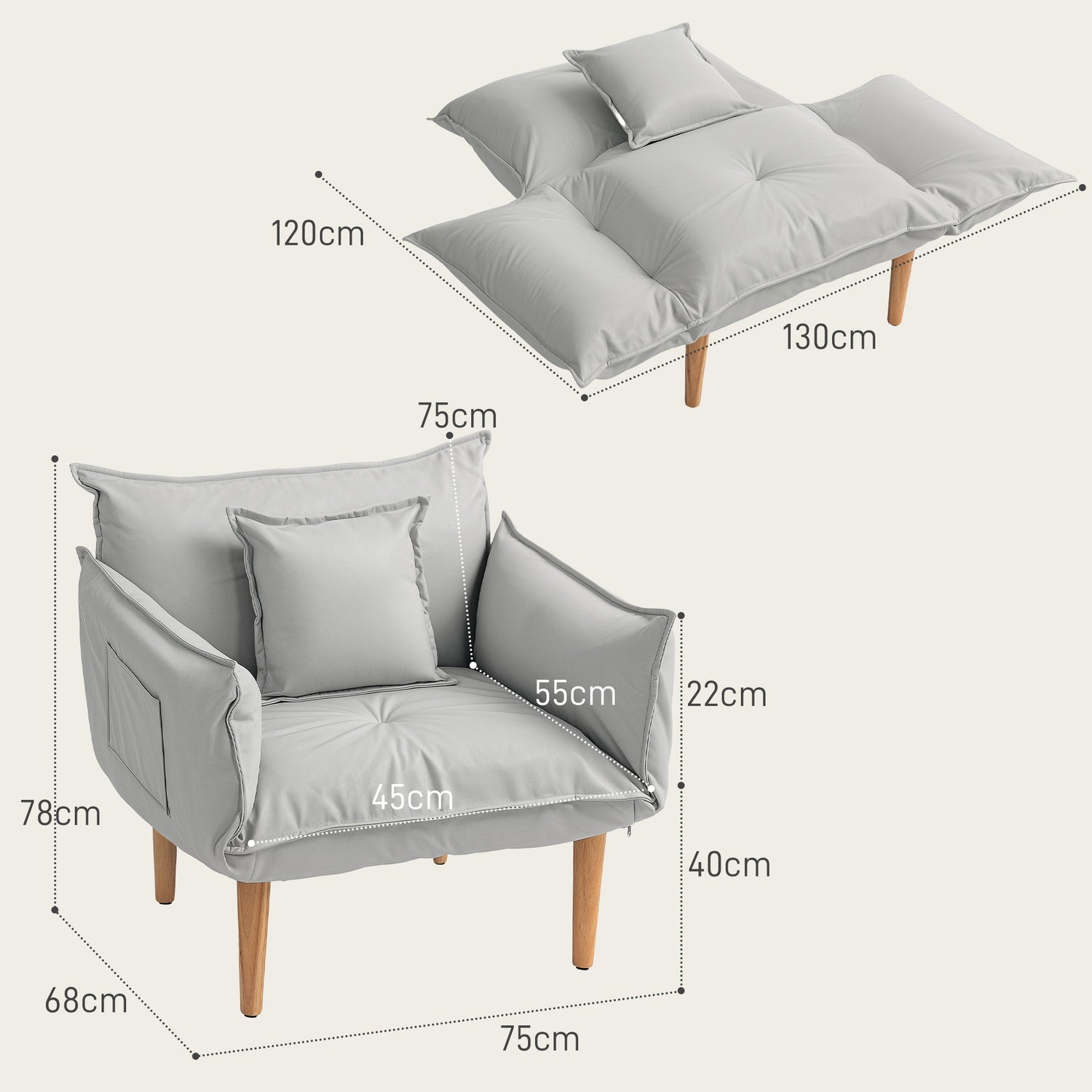 Justerbar ljusgrå stoppad fåtölj med dyna