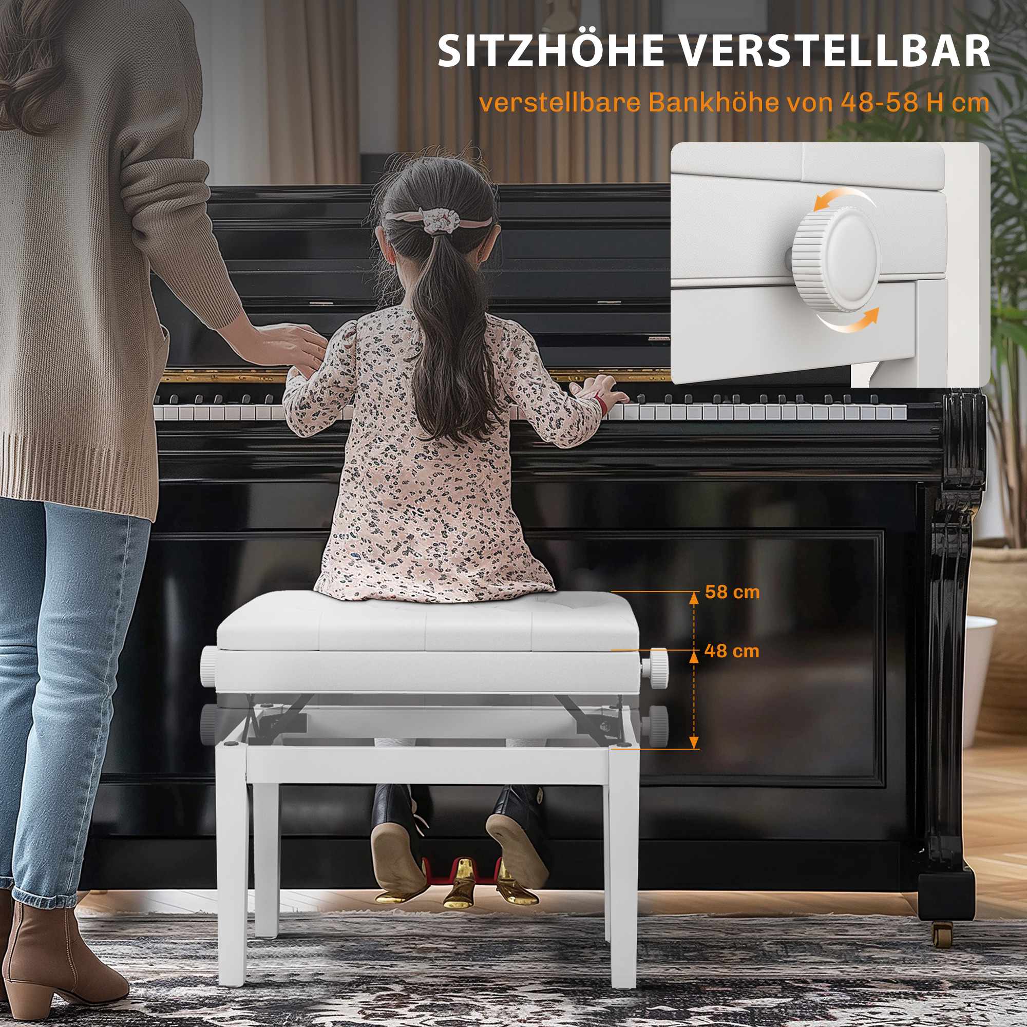 Justerbar pianobänk med förvaring, konstläder, vit