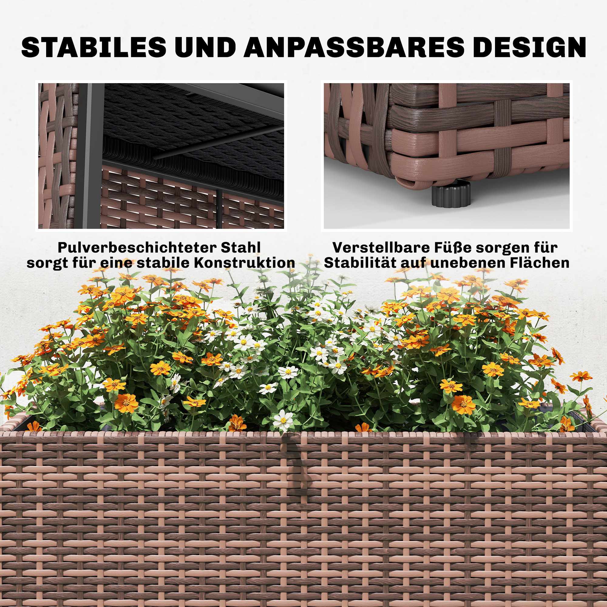 Justerbar planteringslåda i rotting med avtagbart foder, brun
