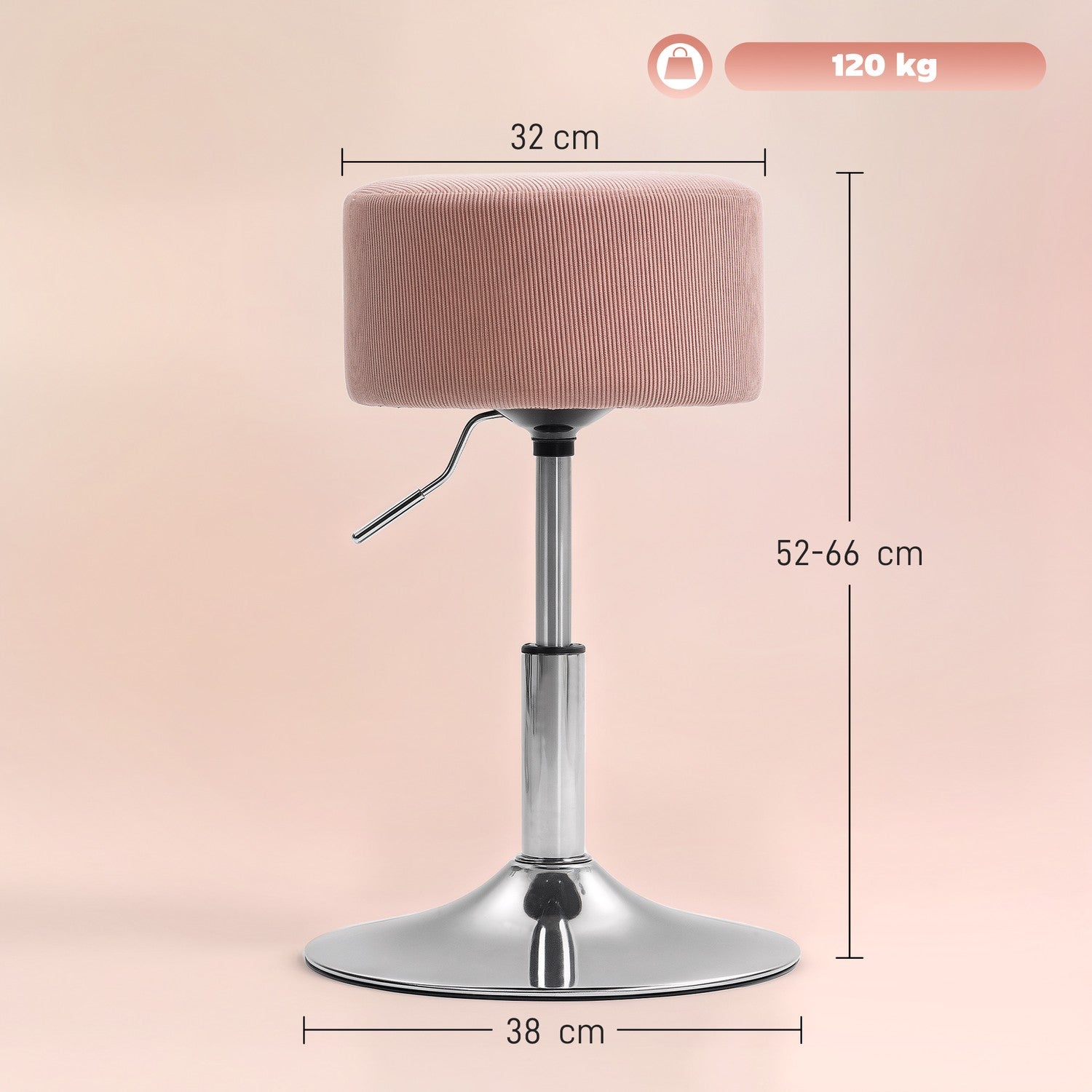 Justerbar rosa manchesterbarstol, 360° vridbar, metallbas