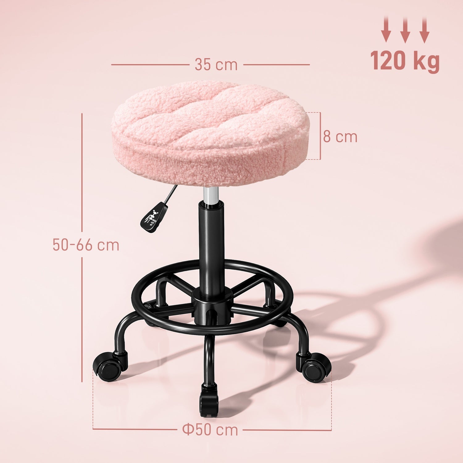 Justerbar rullpall, rosa, 360° vridbar, 50-66 cm höjd