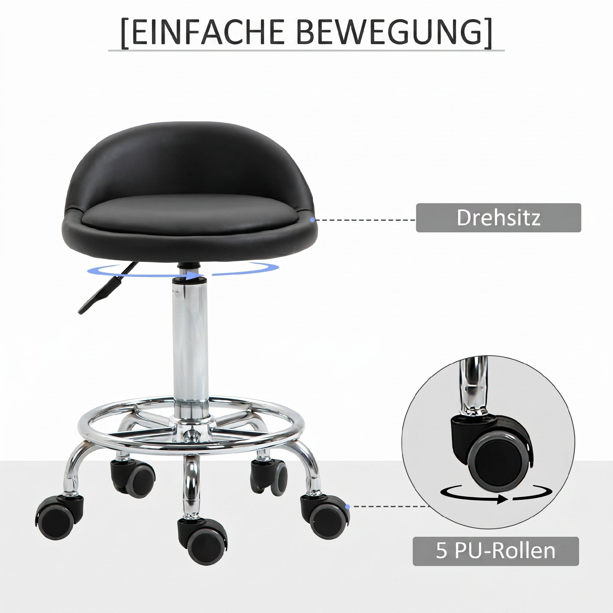 Justerbar rullpall set om 2 med ryggstöd, 57-72 cm