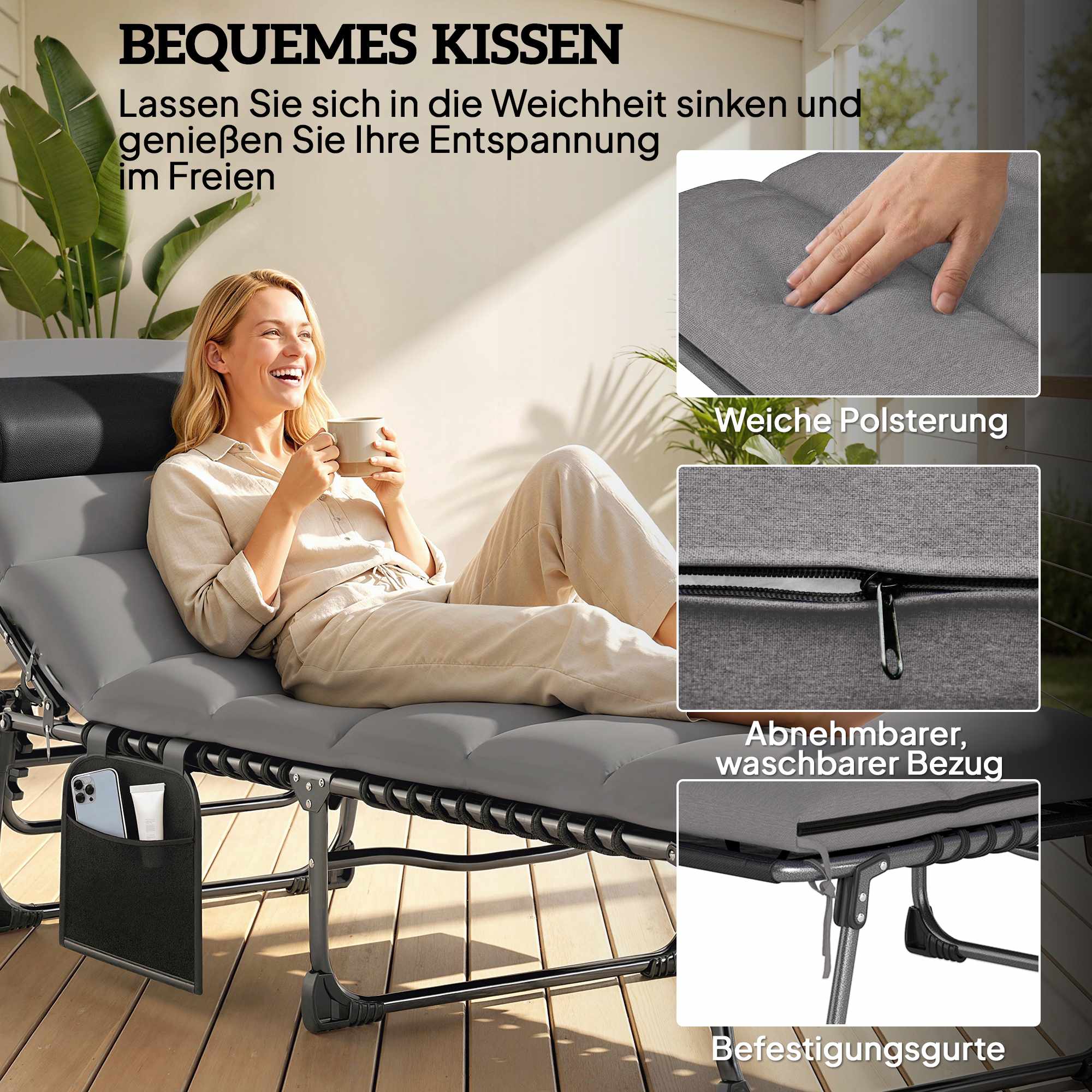 Justerbar solsäng för utomhusbruk med kudde och ficka